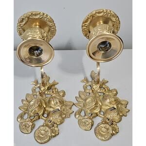 Pair Vintage Ornate Solid Brass Wall Sconce Candle Holders Heavy Rose Floral